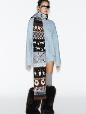 ZARA Ski Collection Wool Yak Cable Knit Sweater Light Blue Medium Winter NWT